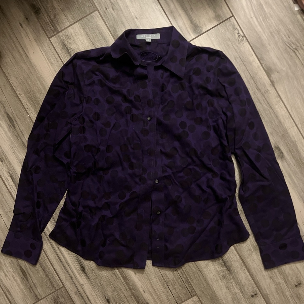 Thrifted Foxcroft purple long-sleeved button up shirt.